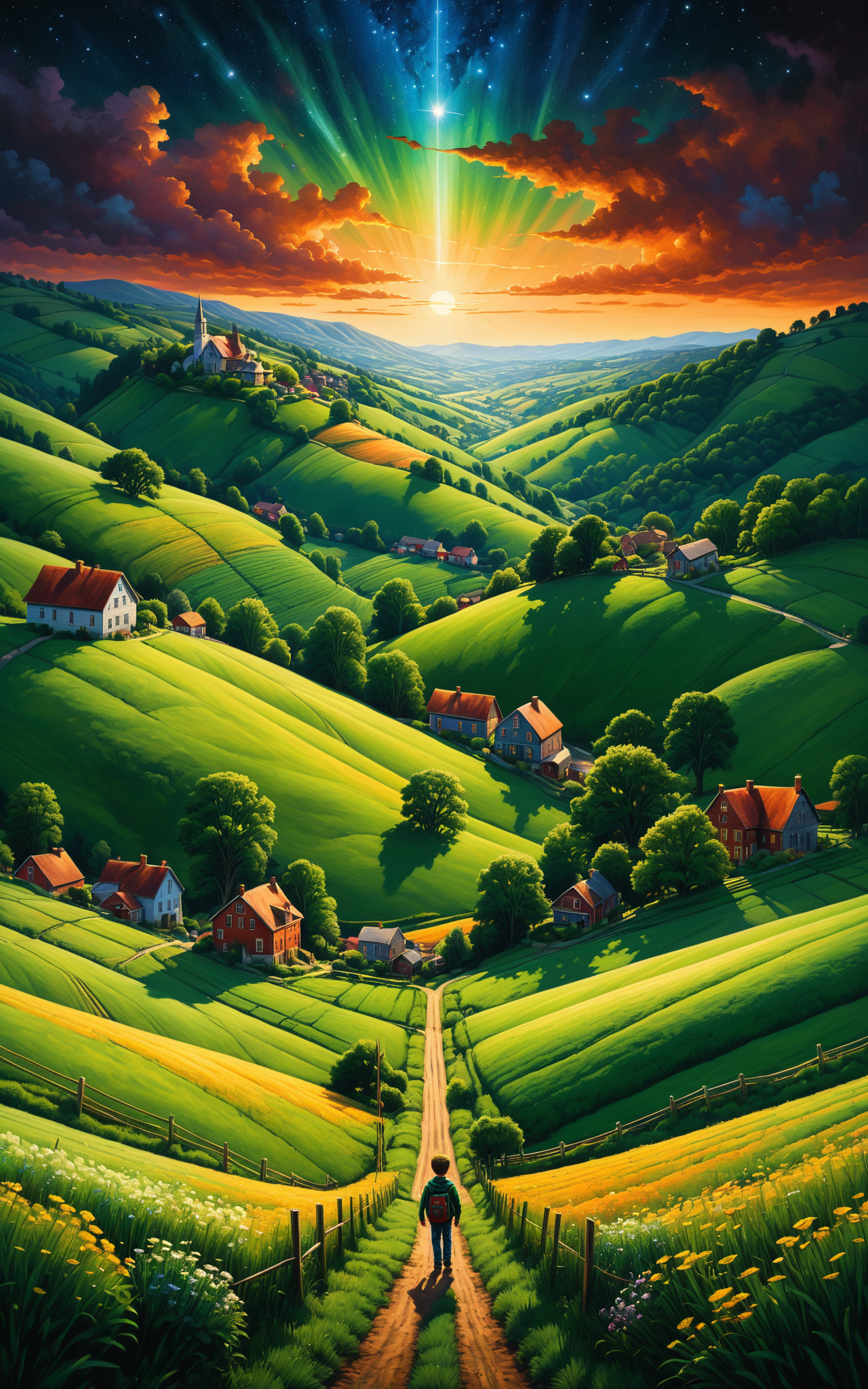 07599-1318399596-small town nestled between rolling green hills, 12 year old boy, centered, symmetry, painted, intricate, volumetric lighting, be.png